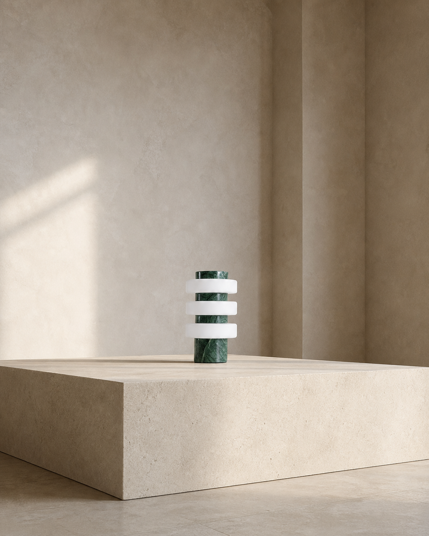 JALA Table Lamp — Raw Travertine & Acrylic, Sculptural Design — Green Marble, contextual scale | DecoHarmonie
