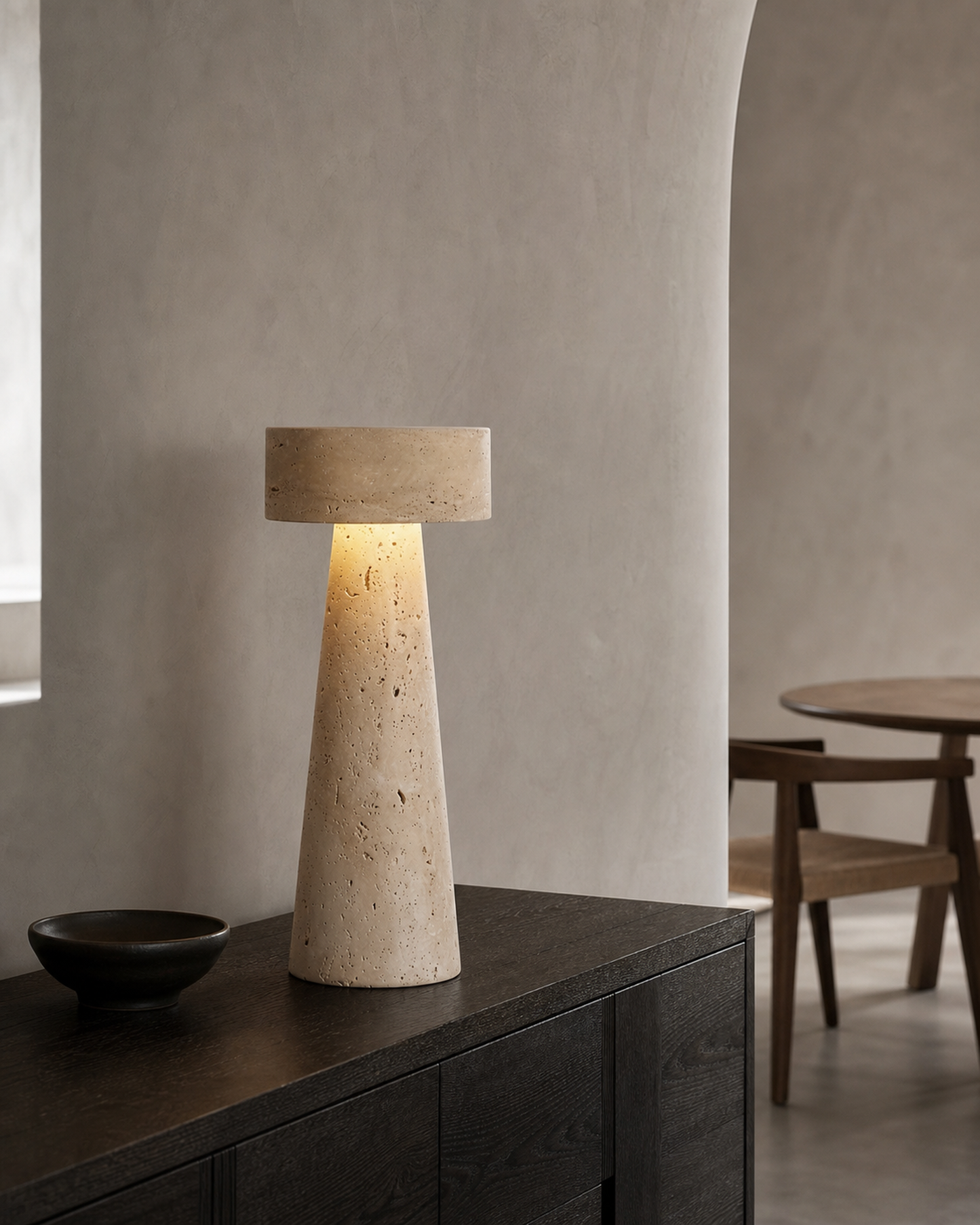 BELLO Table Lamp — Solid Natural Travertine Monolith, Sculptural — Travertine, lifestyle view, dining | DecoHarmonie