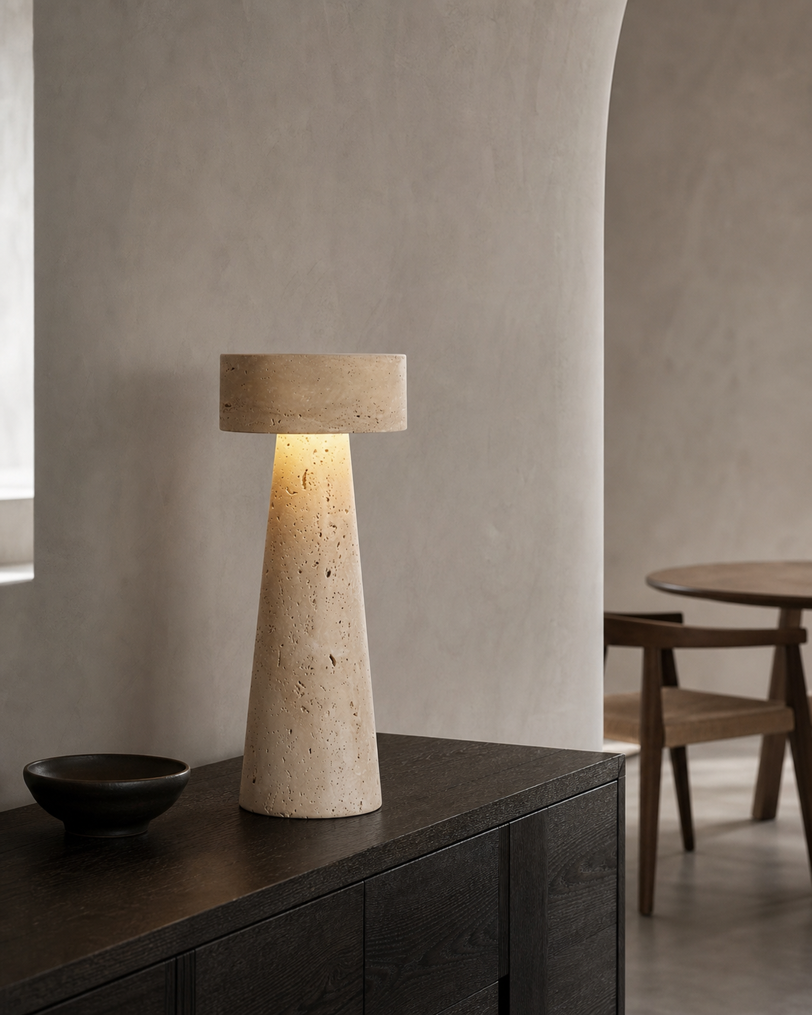 BELLO Table Lamp — Solid Natural Travertine Monolith, Sculptural — Travertine, lifestyle view, dining | DecoHarmonie
