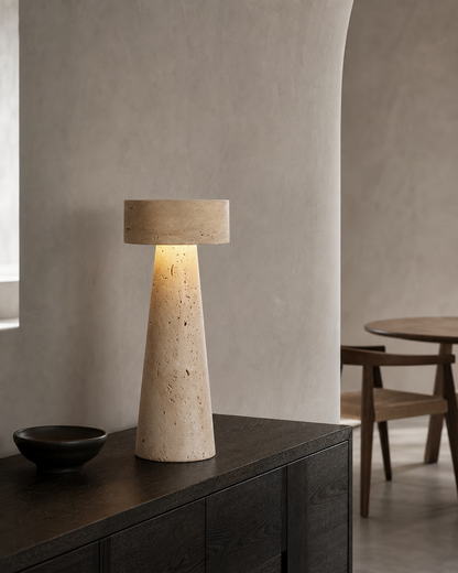 BELLO Table Lamp — Solid Natural Travertine Monolith, Sculptural — Travertine, lifestyle view, dining | DecoHarmonie