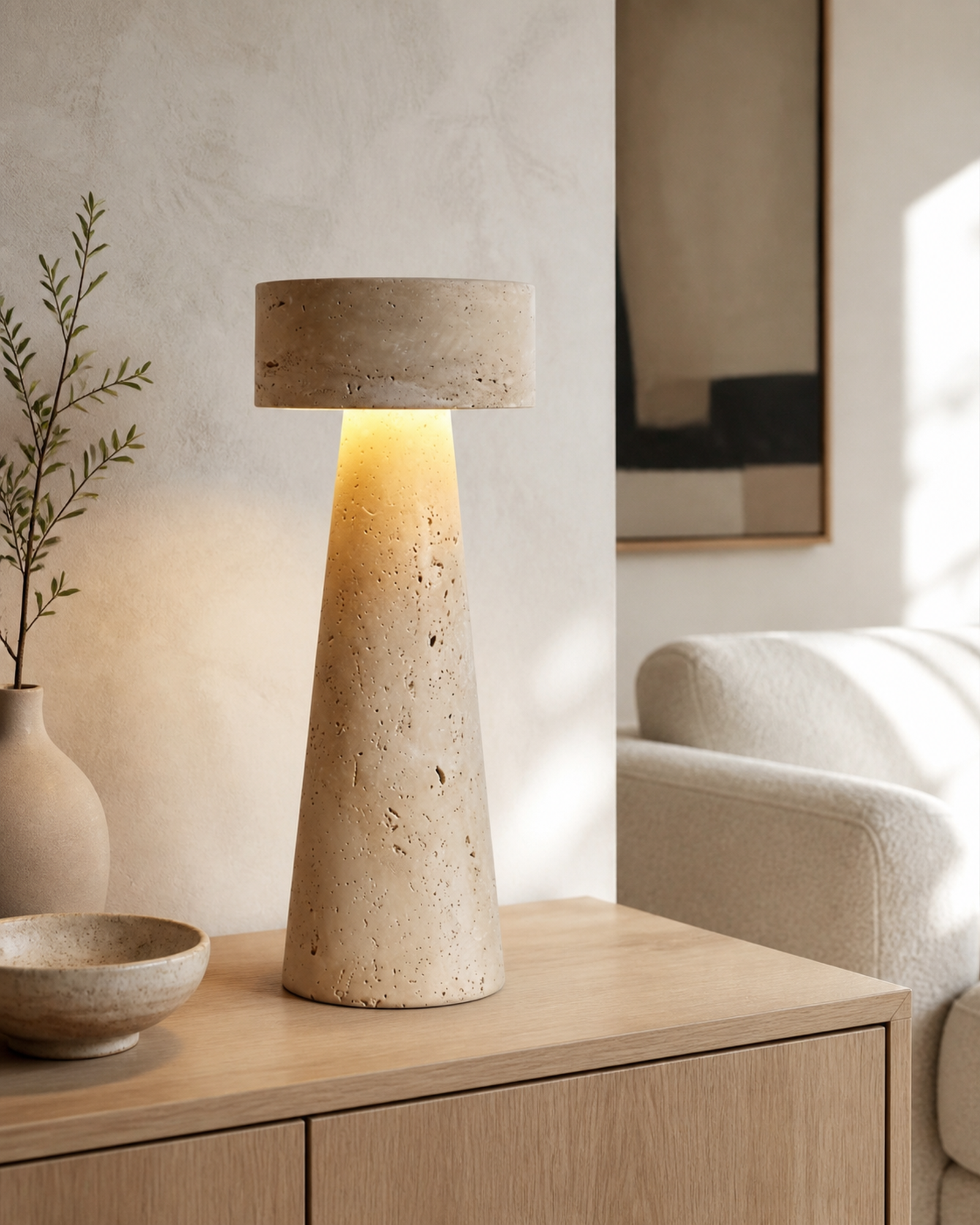 BELLO Table Lamp — Solid Natural Travertine Monolith, Sculptural — Travertine, lifestyle view, living | DecoHarmonie