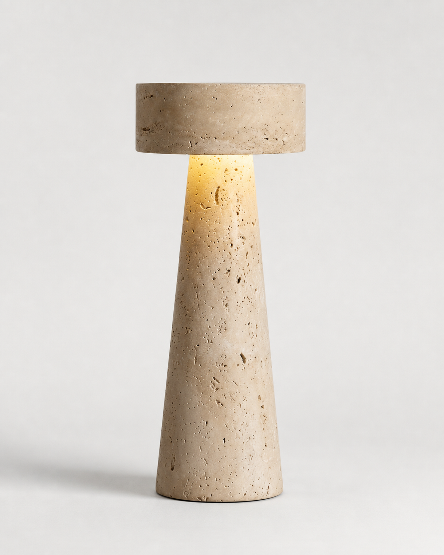 BELLO Table Lamp — Solid Natural Travertine Monolith, Sculptural — Travertine, studio packshot on grey background | DecoHarmonie