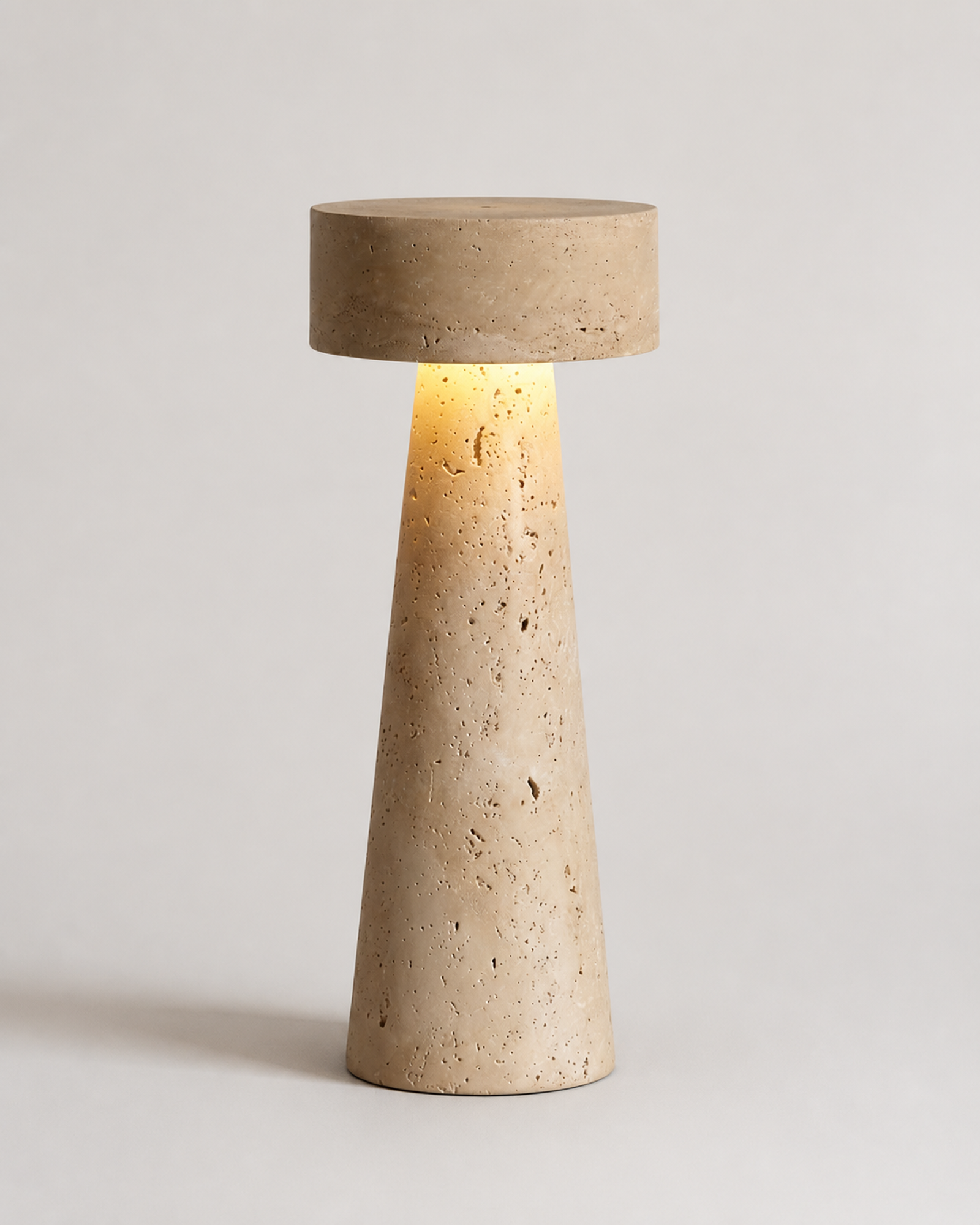 BELLO Table Lamp — Solid Natural Travertine Monolith, Sculptural — Travertine, studio three quarter | DecoHarmonie