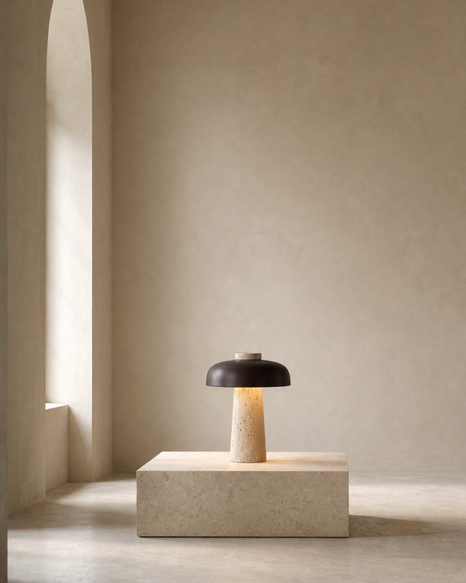 SAGAR Travertine Table Lamp — Wabi-Sabi Mushroom, Touch Light — Travertine, contextual scale | DecoHarmonie