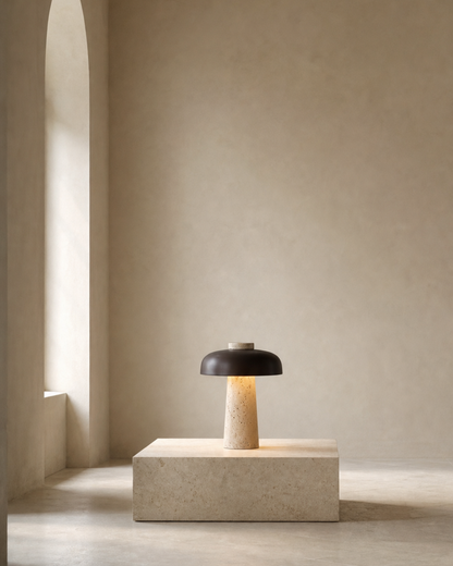 SAGAR Travertine Table Lamp — Wabi-Sabi Mushroom, Touch Light — Travertine, contextual scale | DecoHarmonie