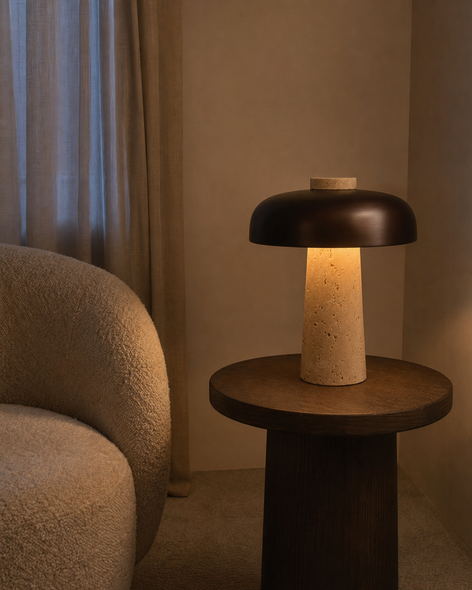 SAGAR Travertine Table Lamp — Wabi-Sabi Mushroom, Touch Light — Travertine, lifestyle | DecoHarmonie