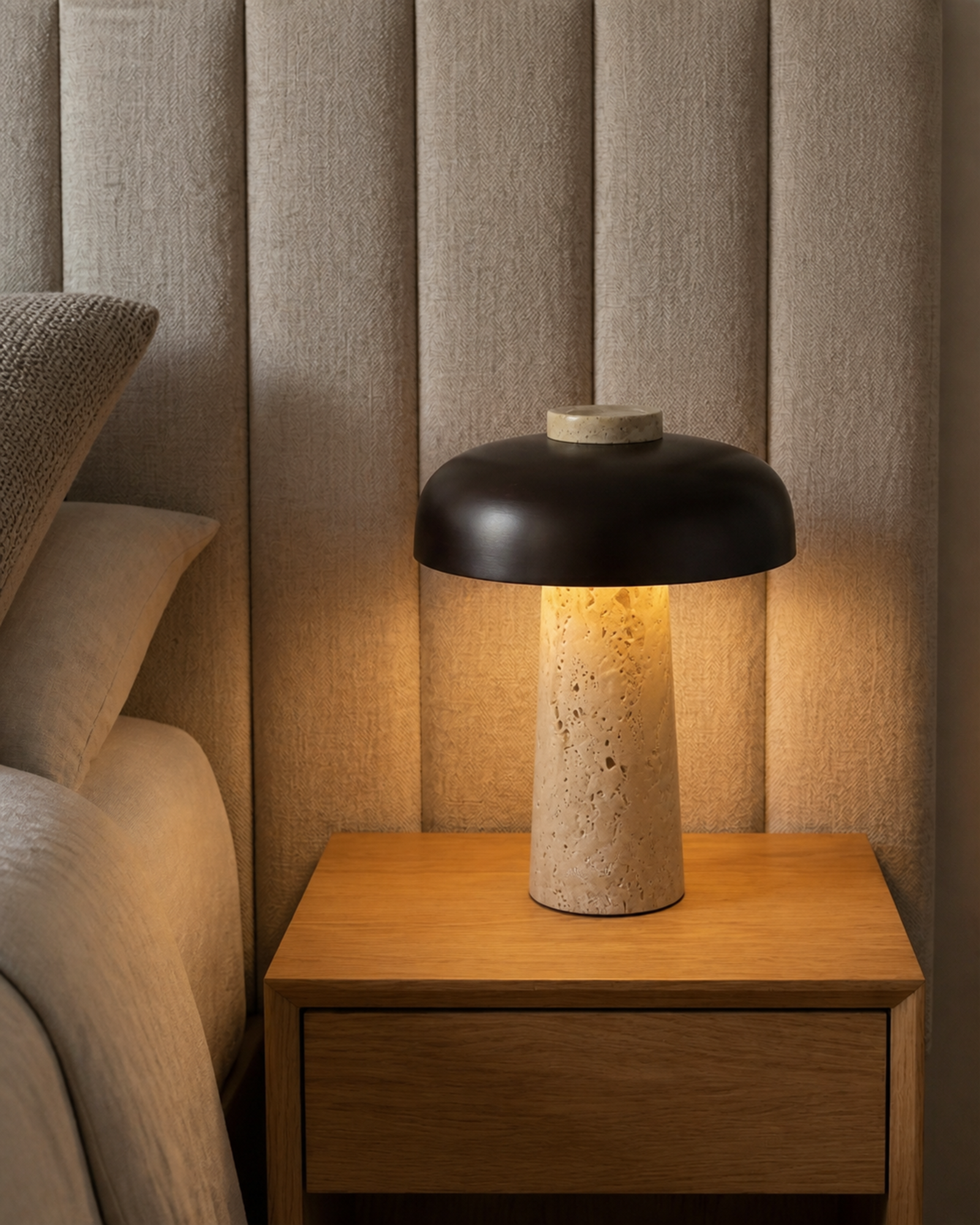 SAGAR Travertine Table Lamp — Wabi-Sabi Mushroom, Touch Light — Travertine, lifestyle | DecoHarmonie
