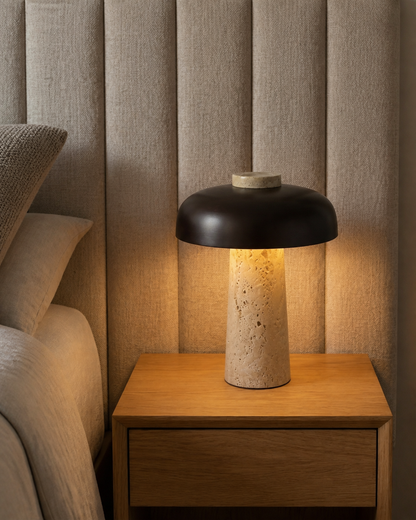 SAGAR Travertine Table Lamp — Wabi-Sabi Mushroom, Touch Light — Travertine, lifestyle | DecoHarmonie