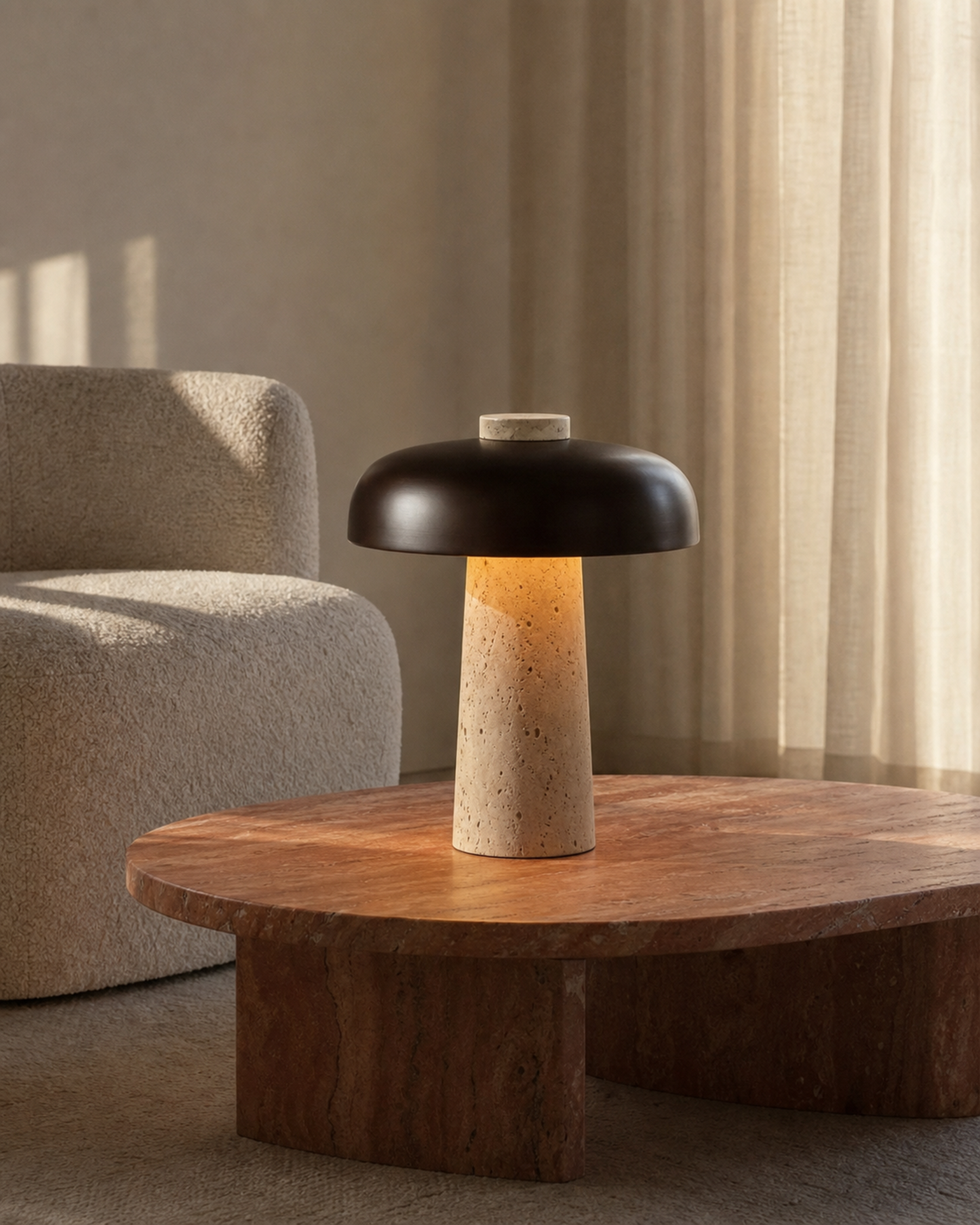 SAGAR Travertine Table Lamp — Wabi-Sabi Mushroom, Touch Light — Travertine, lifestyle | DecoHarmonie