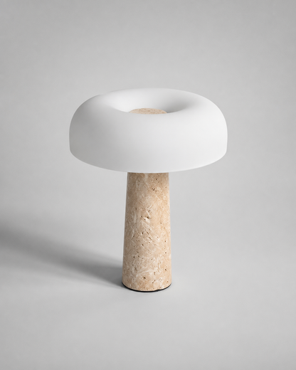 ZENO Table Lamp — Travertine, Matte White Glass Dome — Travertine, alternate studio | DecoHarmonie