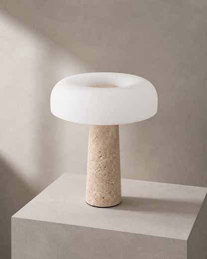 ZENO Table Lamp — Travertine, Matte White Glass Dome — Travertine, editorial | DecoHarmonie
