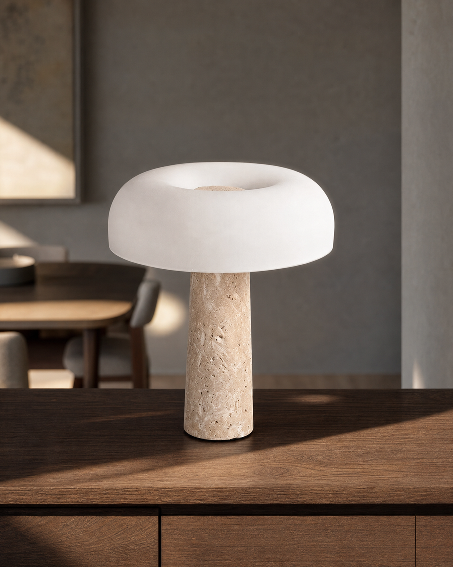 ZENO Table Lamp — Travertine, Matte White Glass Dome — Travertine, lifestyle view, smoked oak dining room | DecoHarmonie