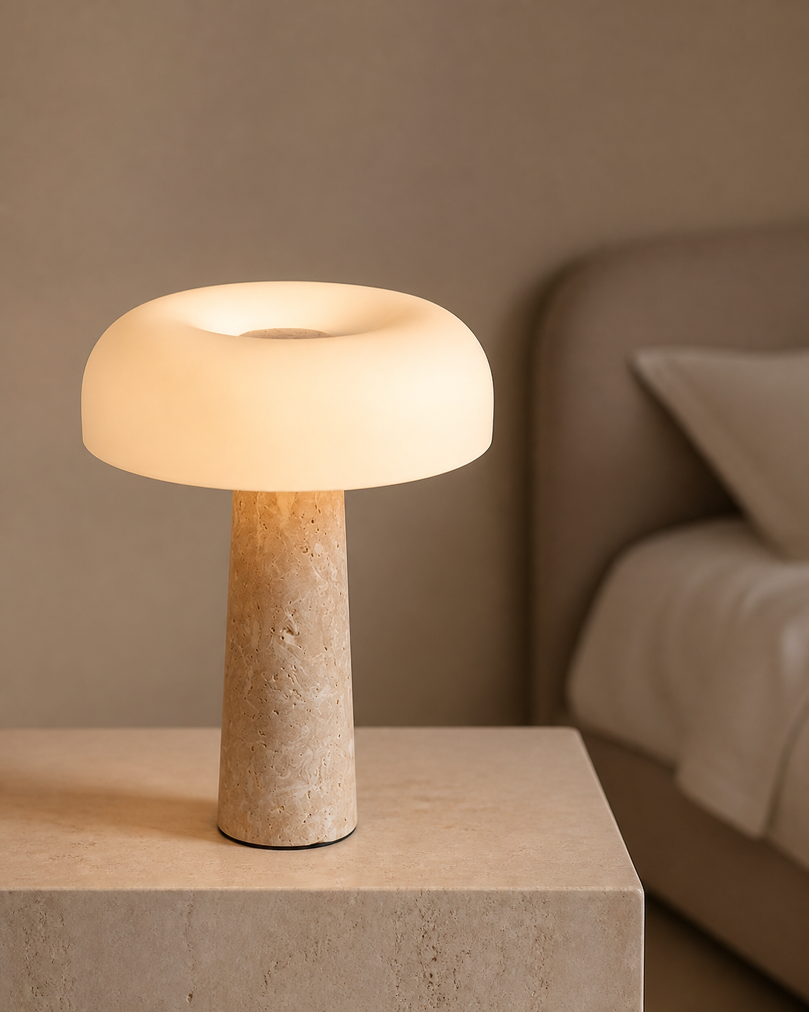 ZENO Table Lamp — Travertine, Matte White Glass Dome — Travertine, lifestyle view, travertine bedroom | DecoHarmonie