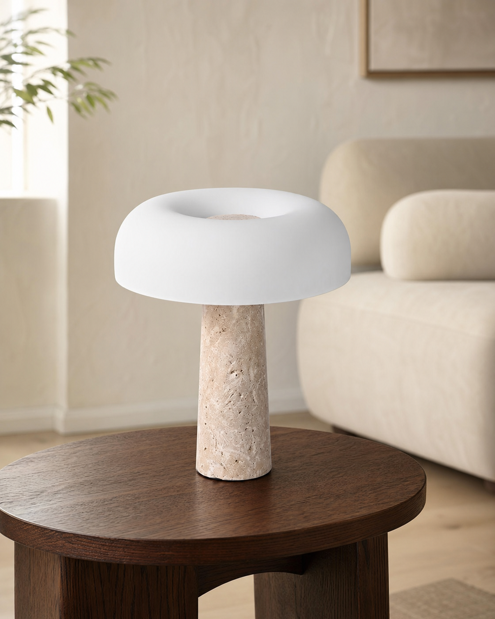 ZENO Table Lamp — Travertine, Matte White Glass Dome — Travertine, lifestyle view, walnut living room | DecoHarmonie