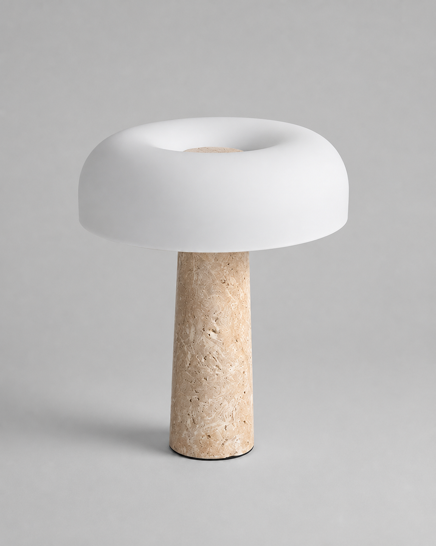 ZENO Table Lamp — Travertine, Matte White Glass Dome — Travertine, studio packshot on grey background | DecoHarmonie