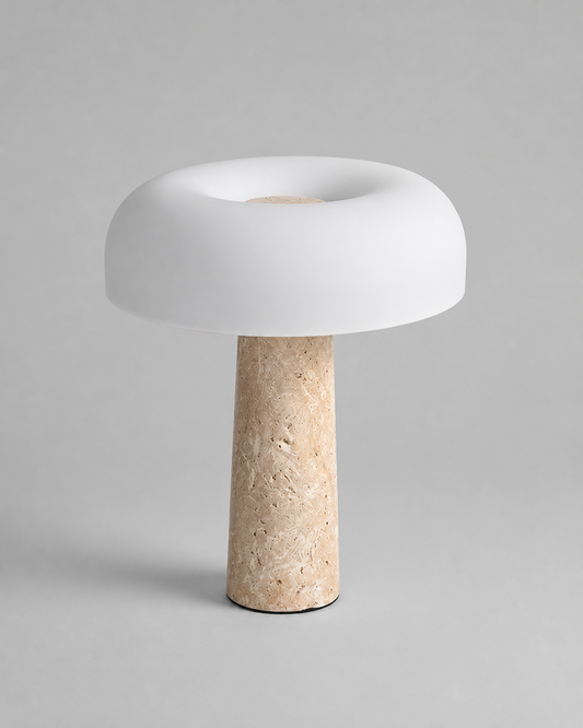 ZENO Table Lamp — Travertine, Matte White Glass Dome — Travertine, studio packshot on grey background | DecoHarmonie