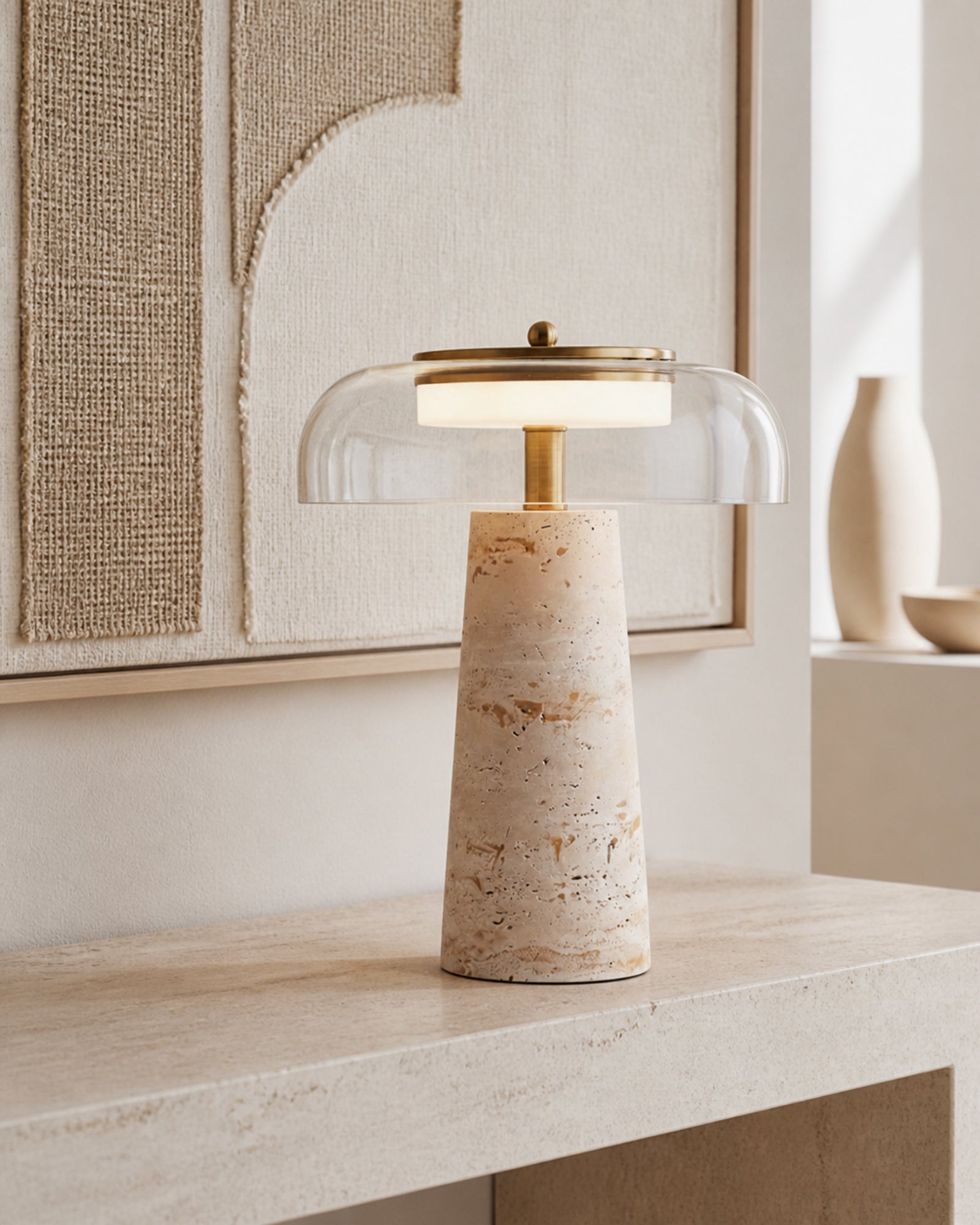 ZOA Travertine Table Lamp — Blown Glass Dome, Sculptural Design — Clear Glass, console lifestyle | DecoHarmonie