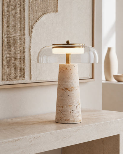 ZOA Travertine Table Lamp — Blown Glass Dome, Sculptural Design — Clear Glass, console lifestyle | DecoHarmonie