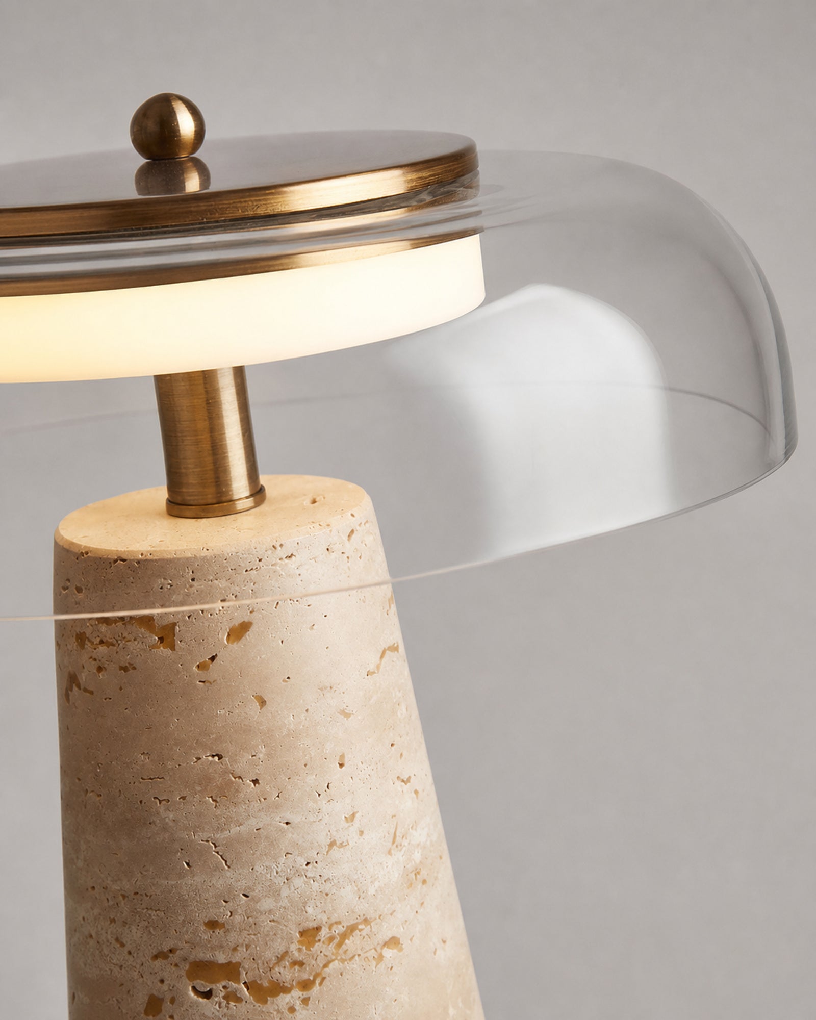 ZOA Travertine Table Lamp — Blown Glass Dome, Sculptural Design — Clear Glass, material detail | DecoHarmonie