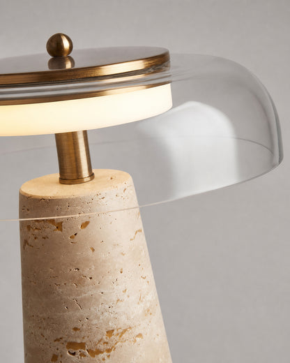 ZOA Travertine Table Lamp — Blown Glass Dome, Sculptural Design — Clear Glass, material detail | DecoHarmonie