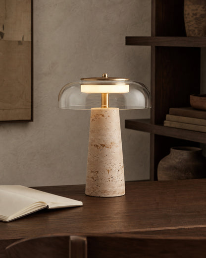 ZOA Travertine Table Lamp — Blown Glass Dome, Sculptural Design — Clear Glass, study lifestyle | DecoHarmonie