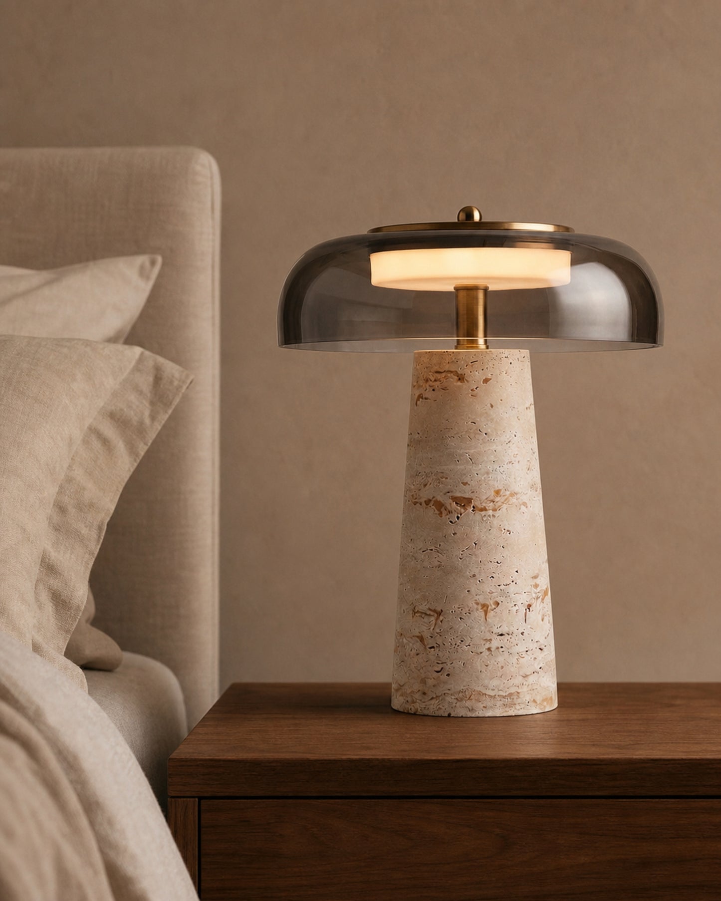 ZOA Travertine Table Lamp — Blown Glass Dome, Sculptural Design — Smoked Glass, bedroom lifestyle | DecoHarmonie