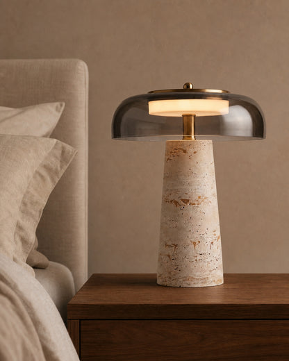 ZOA Travertine Table Lamp — Blown Glass Dome, Sculptural Design — Smoked Glass, bedroom lifestyle | DecoHarmonie