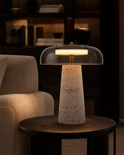 ZOA Travertine Table Lamp — Blown Glass Dome, Sculptural Design — Smoked Glass, evening lifestyle | DecoHarmonie