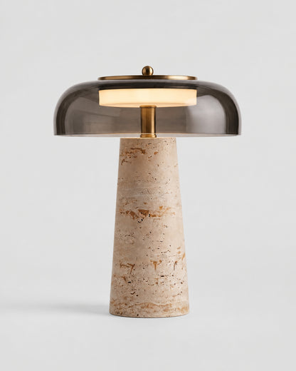 ZOA Travertine Table Lamp — Blown Glass Dome, Sculptural Design — Smoked Glass, studio packshot on grey background | DecoHarmonie