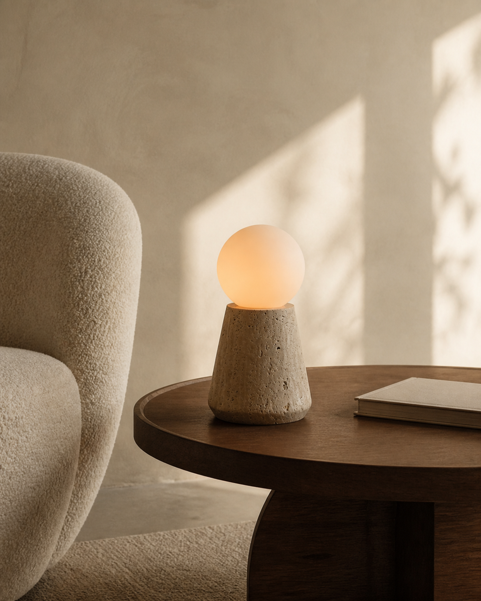 ZIRO Table Lamp — Solid Travertine, Opaline Glass Sphere — Conical, lifestyle | DecoHarmonie