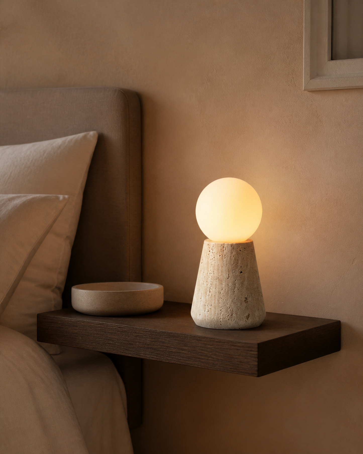 ZIRO Table Lamp — Solid Travertine, Opaline Glass Sphere — Conical, lifestyle | DecoHarmonie