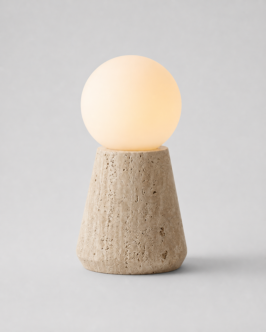 ZIRO Table Lamp — Solid Travertine, Opaline Glass Sphere — Conical, packshot | DecoHarmonie