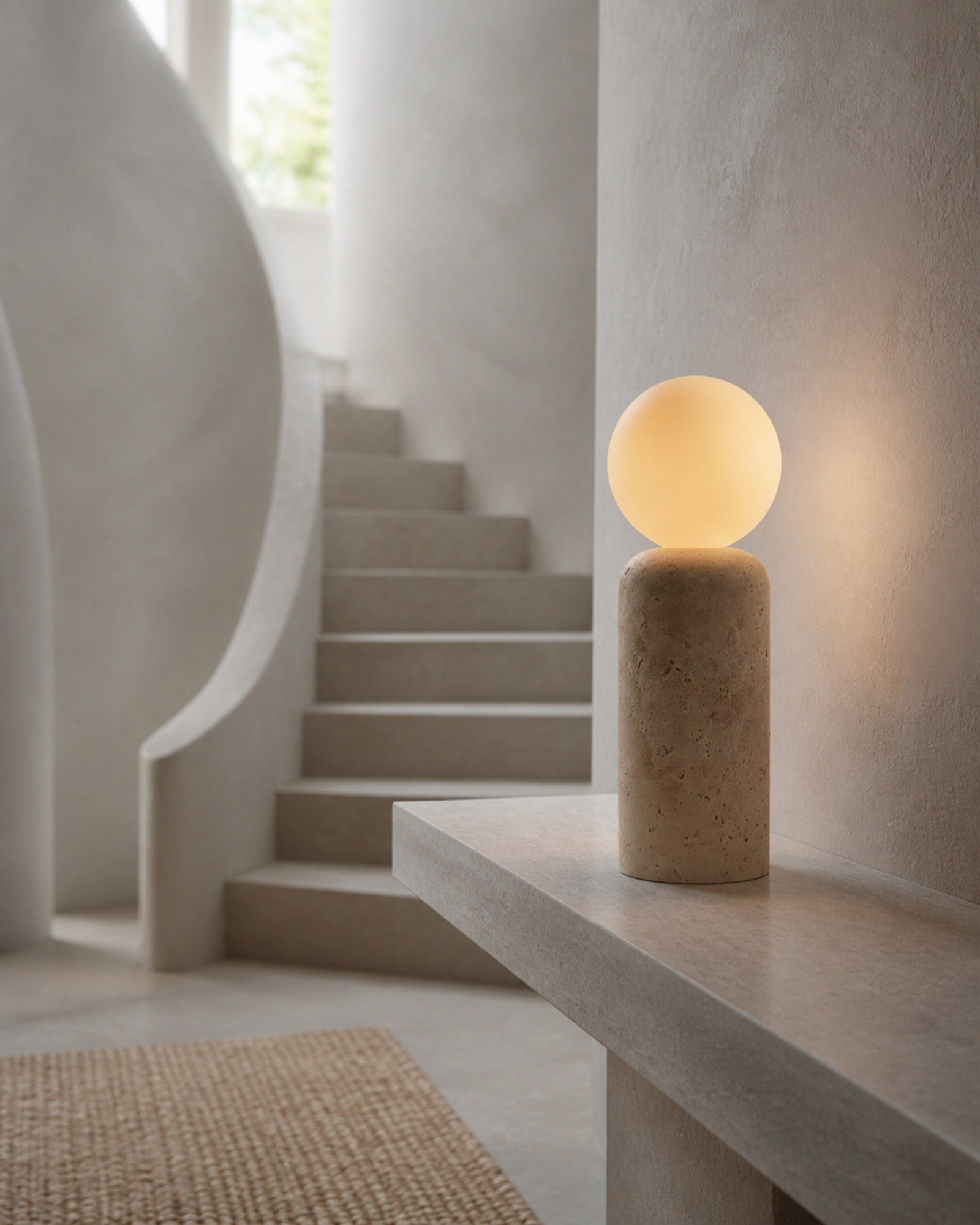 ZIRO Table Lamp — Solid Travertine, Opaline Glass Sphere — Cylindrical, contextual scale | DecoHarmonie