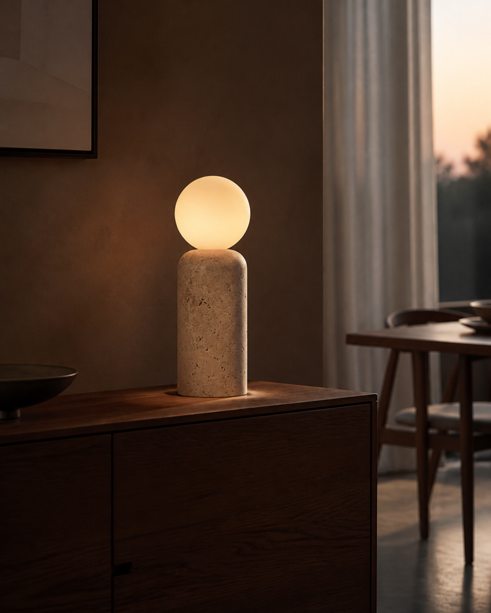 ZIRO Table Lamp — Solid Travertine, Opaline Glass Sphere — Cylindrical, lifestyle | DecoHarmonie