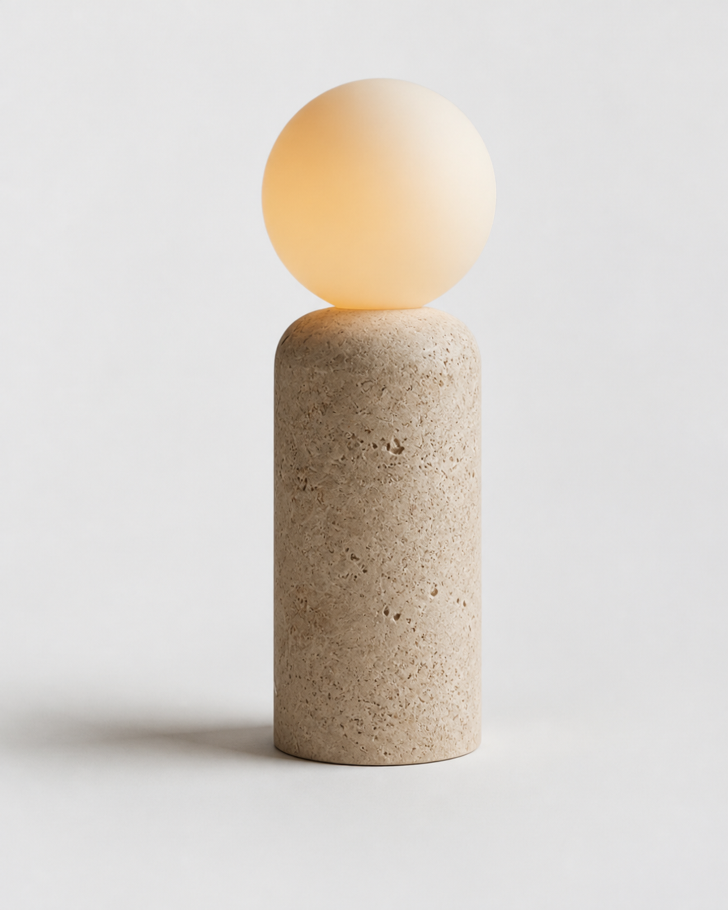 ZIRO Table Lamp — Solid Travertine, Opaline Glass Sphere — Cylindrical, packshot | DecoHarmonie