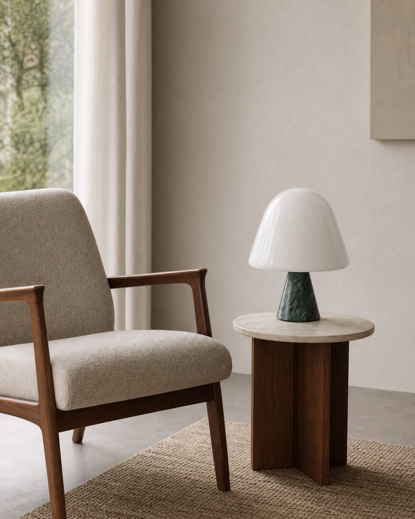 NOKO Table Lamp — Marble Base, Opal Glass Dome — Green Marble, scale view | DecoHarmonie