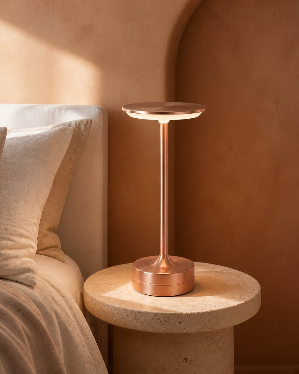 LORA Akku-Tischlampe – Rosa, in einem Schlafzimmer | DecoHarmonie