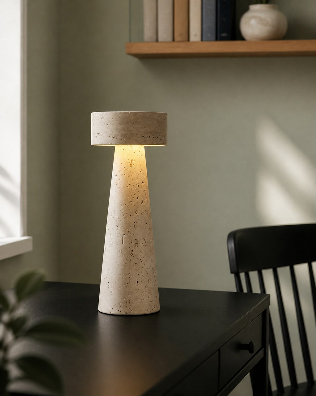 BELLO Tischlampe – Travertin, an einem Arbeitsplatz | DecoHarmonie