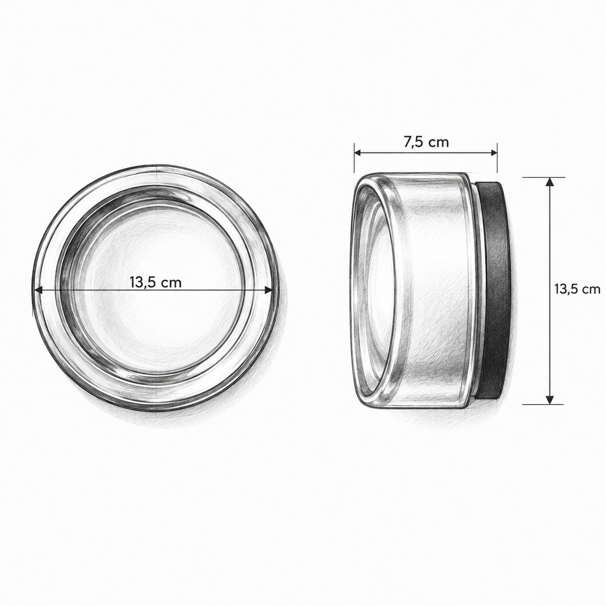 EVOA Wandleuchte – Masszeichnung mit 13,5 cm Durchmesser und 7,5 cm Tiefe