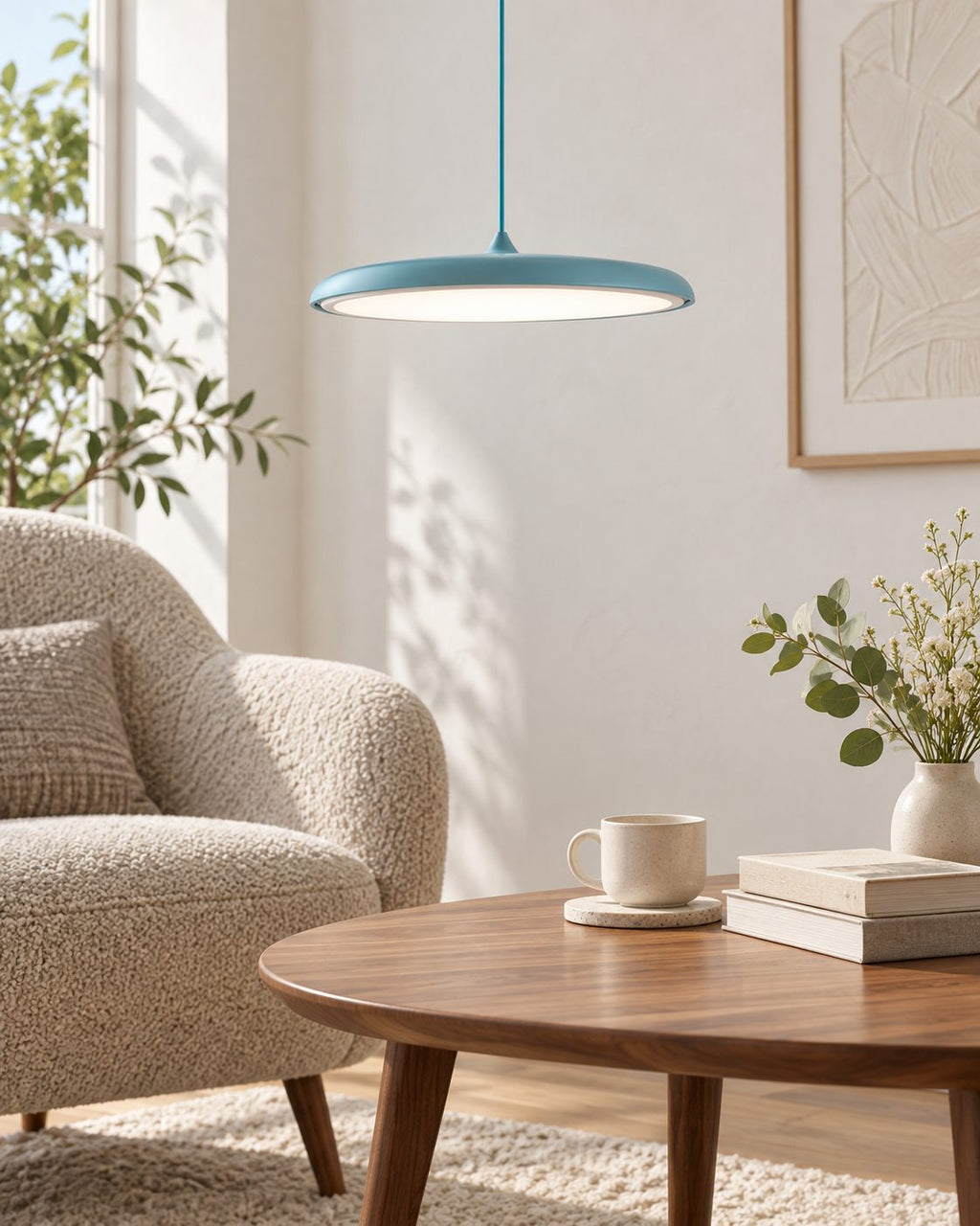 MAKARON Pendelleuchte – Helle Wohnszene bei Tageslicht mit natürlicher Grössenwirkung