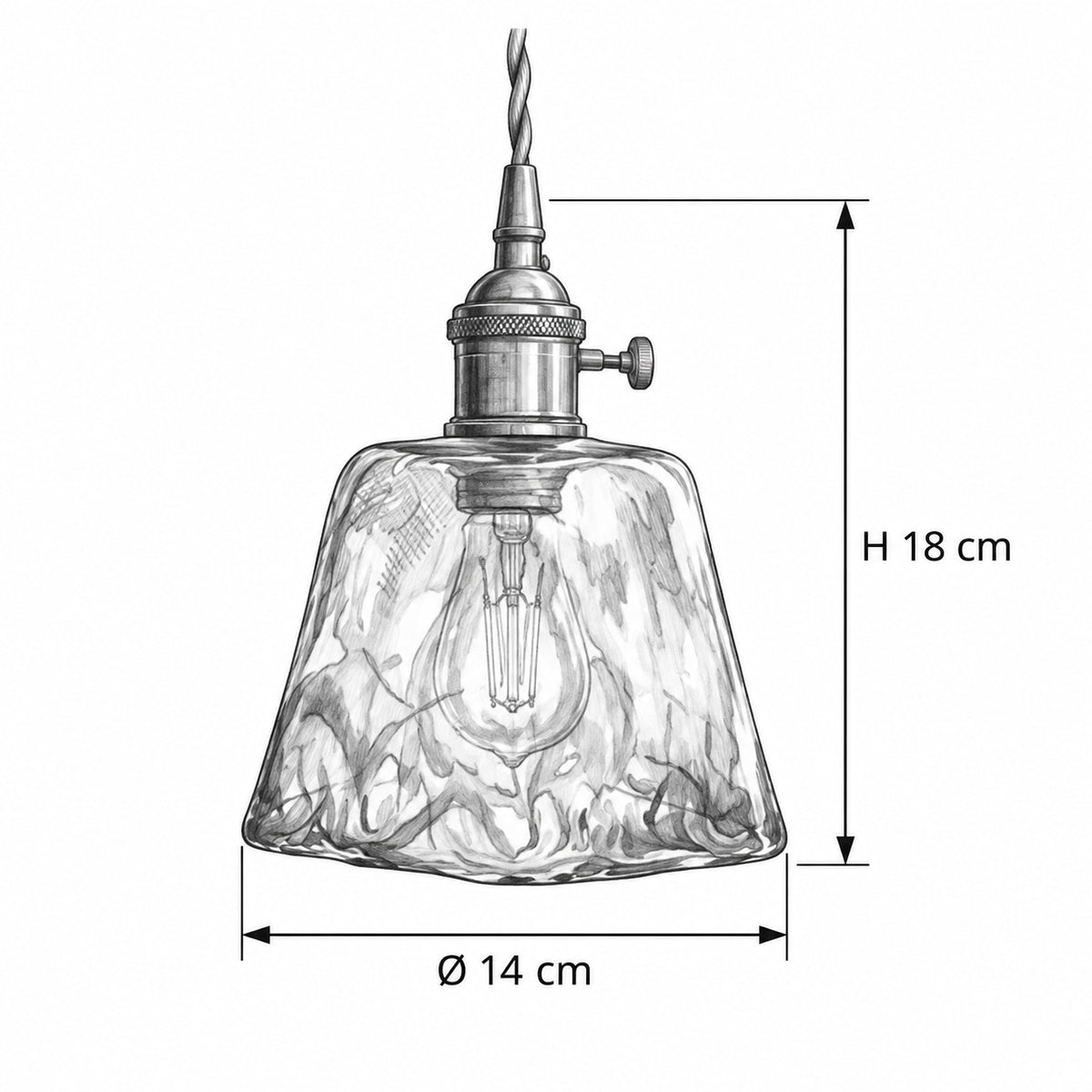 DOURID Pendelleuchte – Masszeichnung Ø 14 cm, H 18 cm