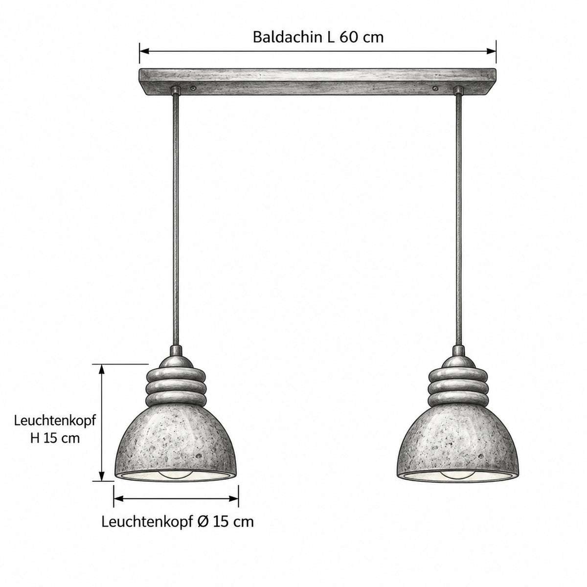 IRO Pendelleuchte – Masszeichnung Baldachin L 60 cm, Leuchtenkopf Ø 15 cm, Leuchtenkopf H 15 cm