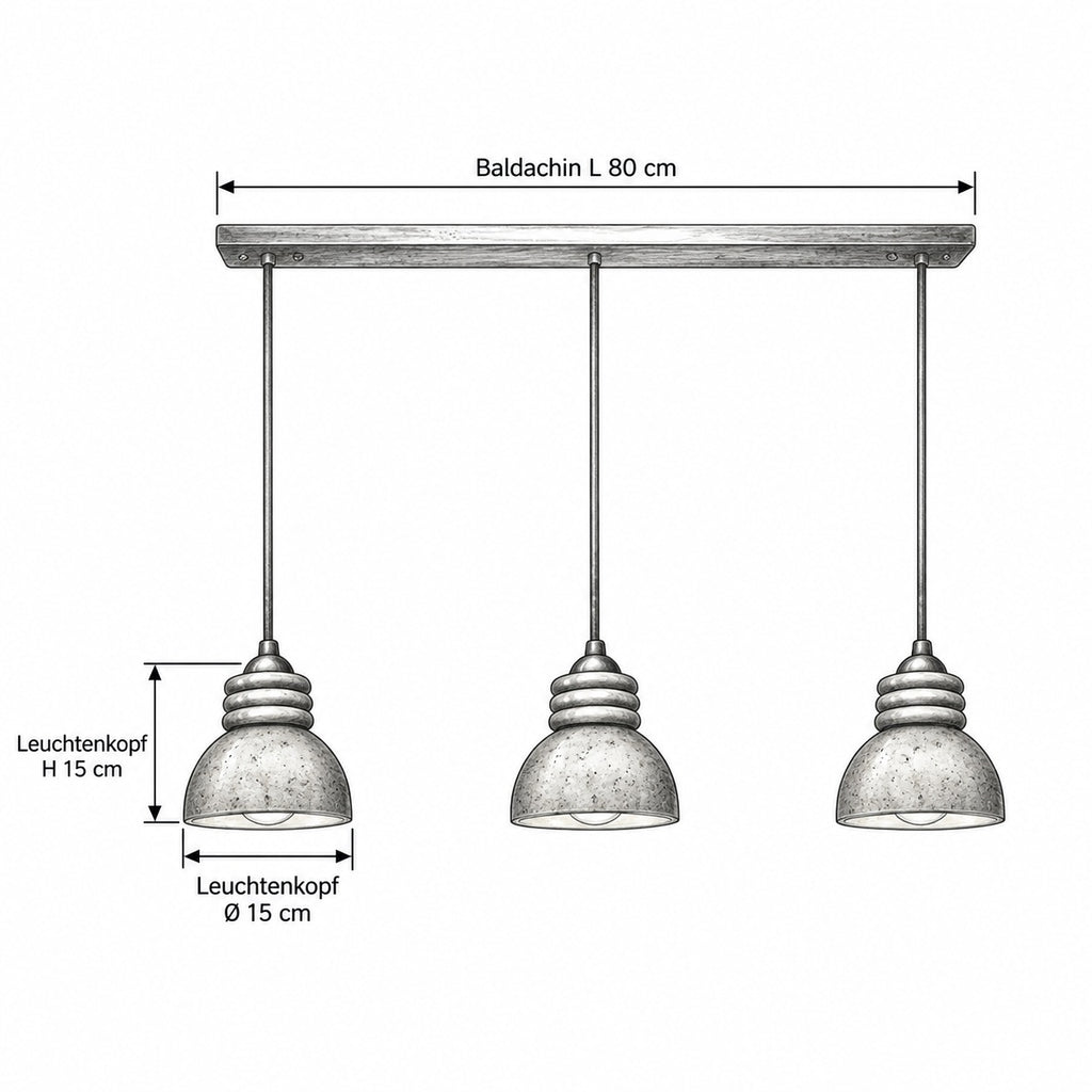 IRO Pendelleuchte – Masszeichnung Baldachin L 80 cm, Leuchtenkopf Ø 15 cm, Leuchtenkopf H 15 cm