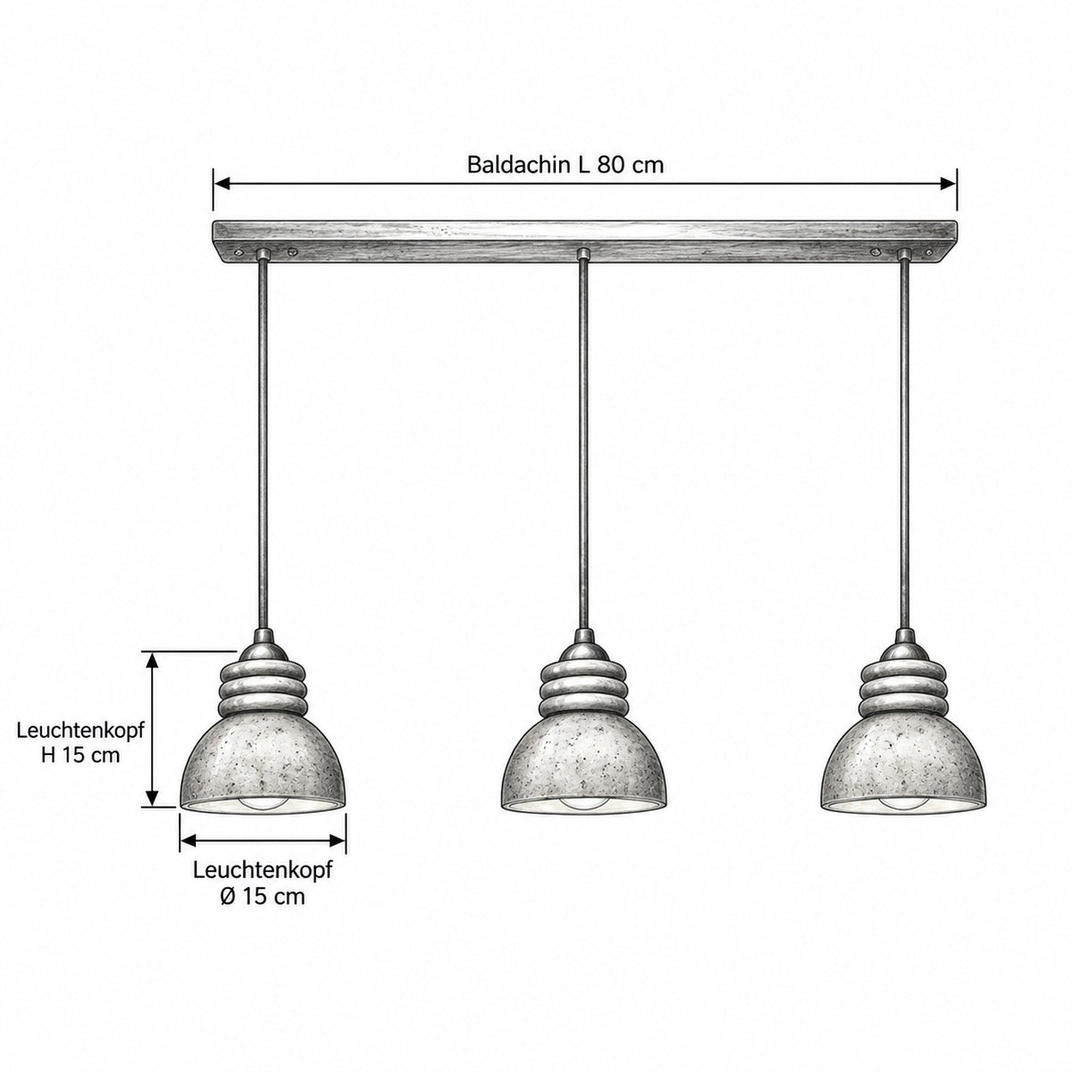 IRO Pendelleuchte – Masszeichnung Baldachin L 80 cm, Leuchtenkopf Ø 15 cm, Leuchtenkopf H 15 cm