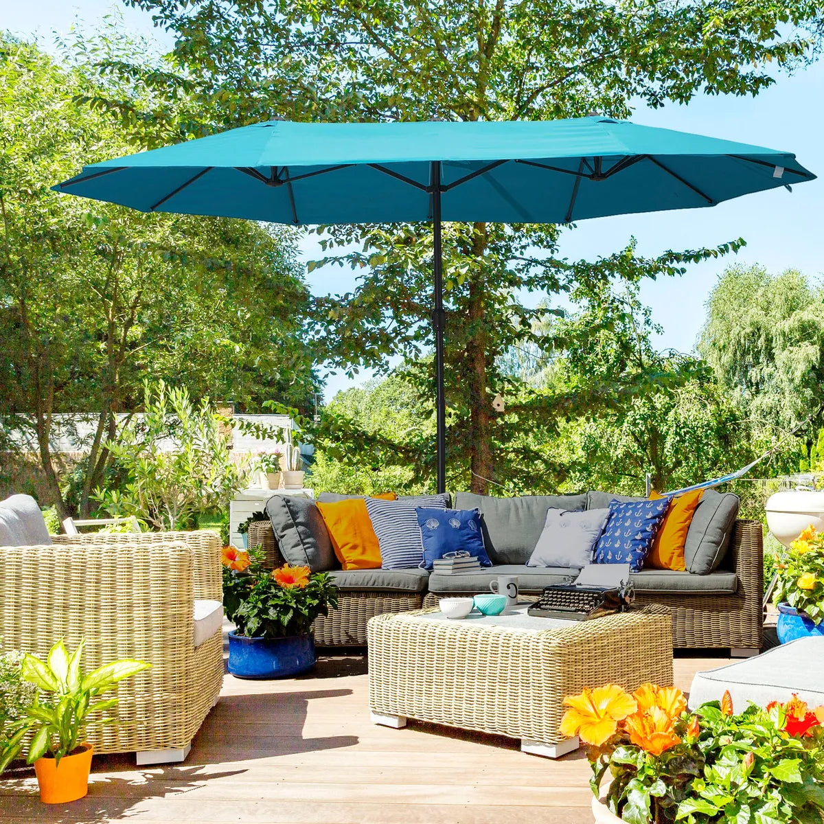 Double Garden Parasol 4.6m Outdoor Patio Sun Umbrella, Sky Blue