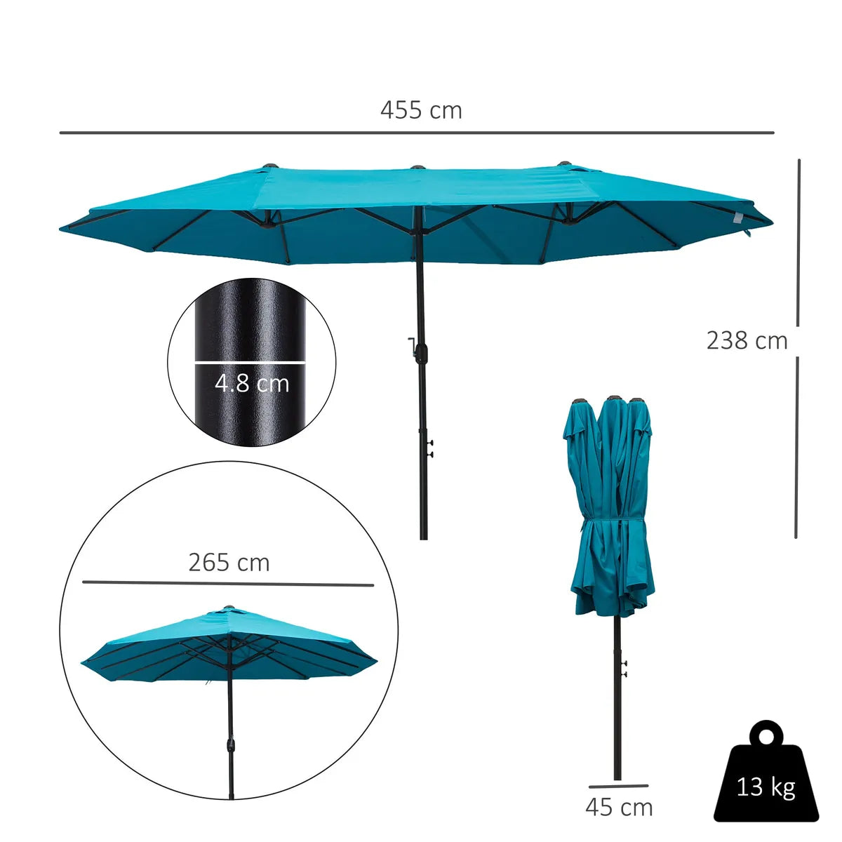 Double Garden Parasol 4.6m Outdoor Patio Sun Umbrella, Sky Blue