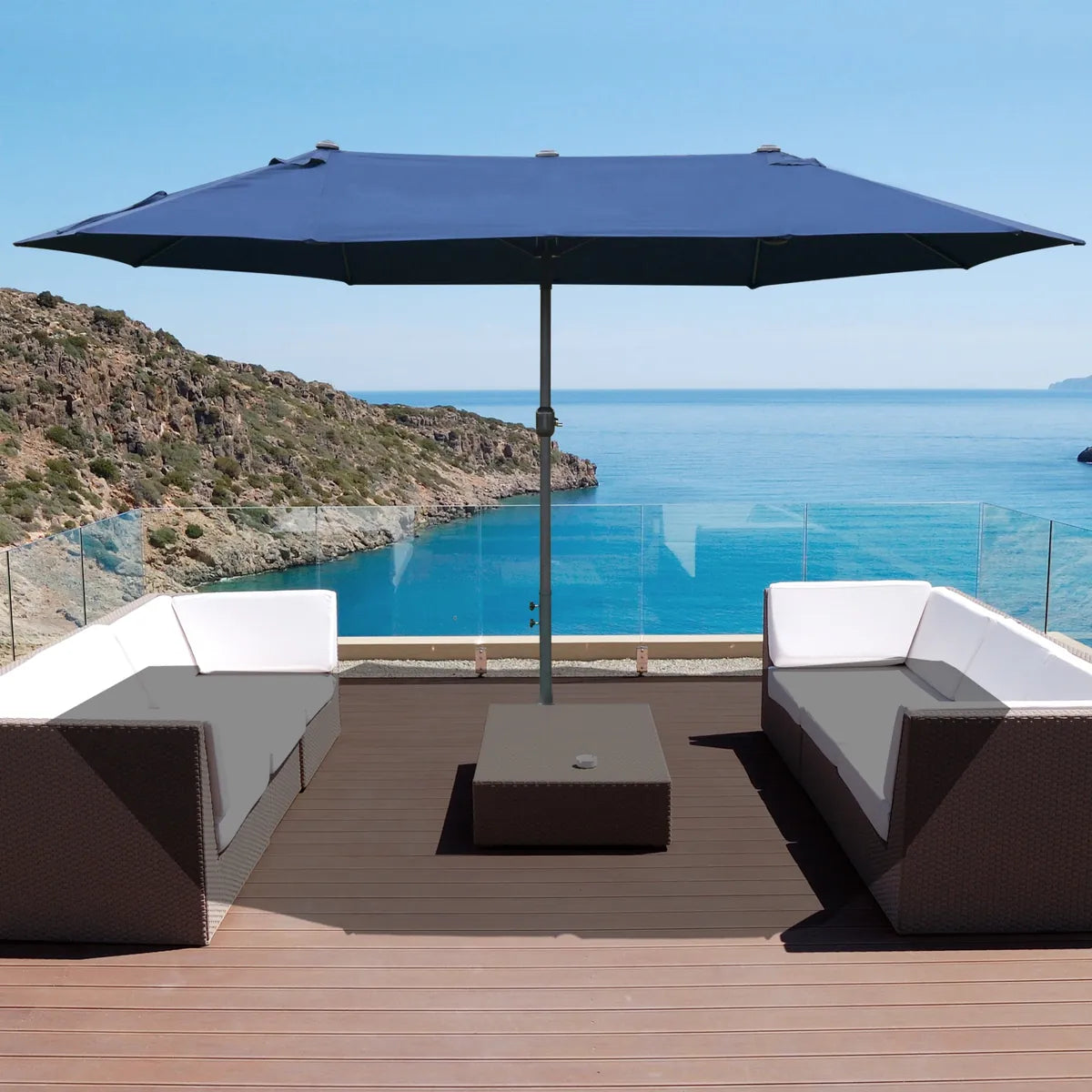 Double-Sided Sun Umbrella Canopy 4.6m Crank Shade with Cross Base, Dark Blue