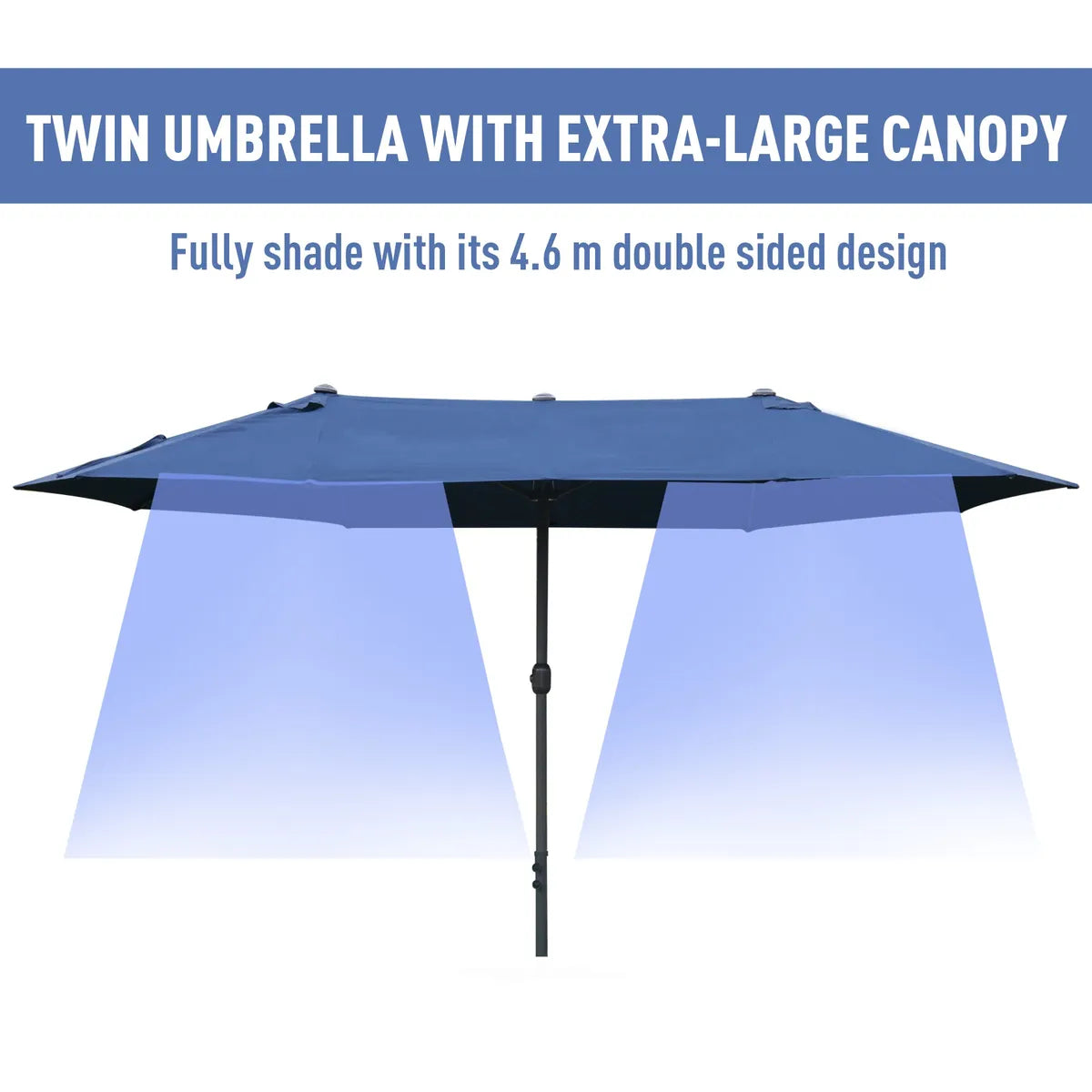 Double-Sided Sun Umbrella Canopy 4.6m Crank Shade with Cross Base, Dark Blue