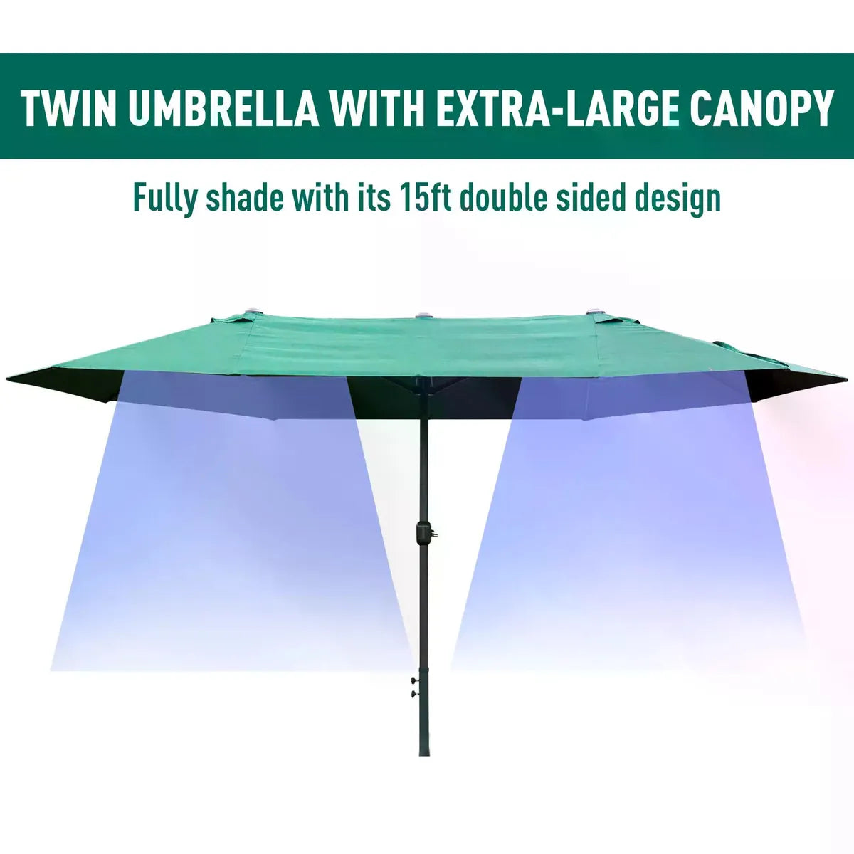 Double-Sided Sun Umbrella Canopy 4.6m Crank Shade with Cross Base, Dark Green