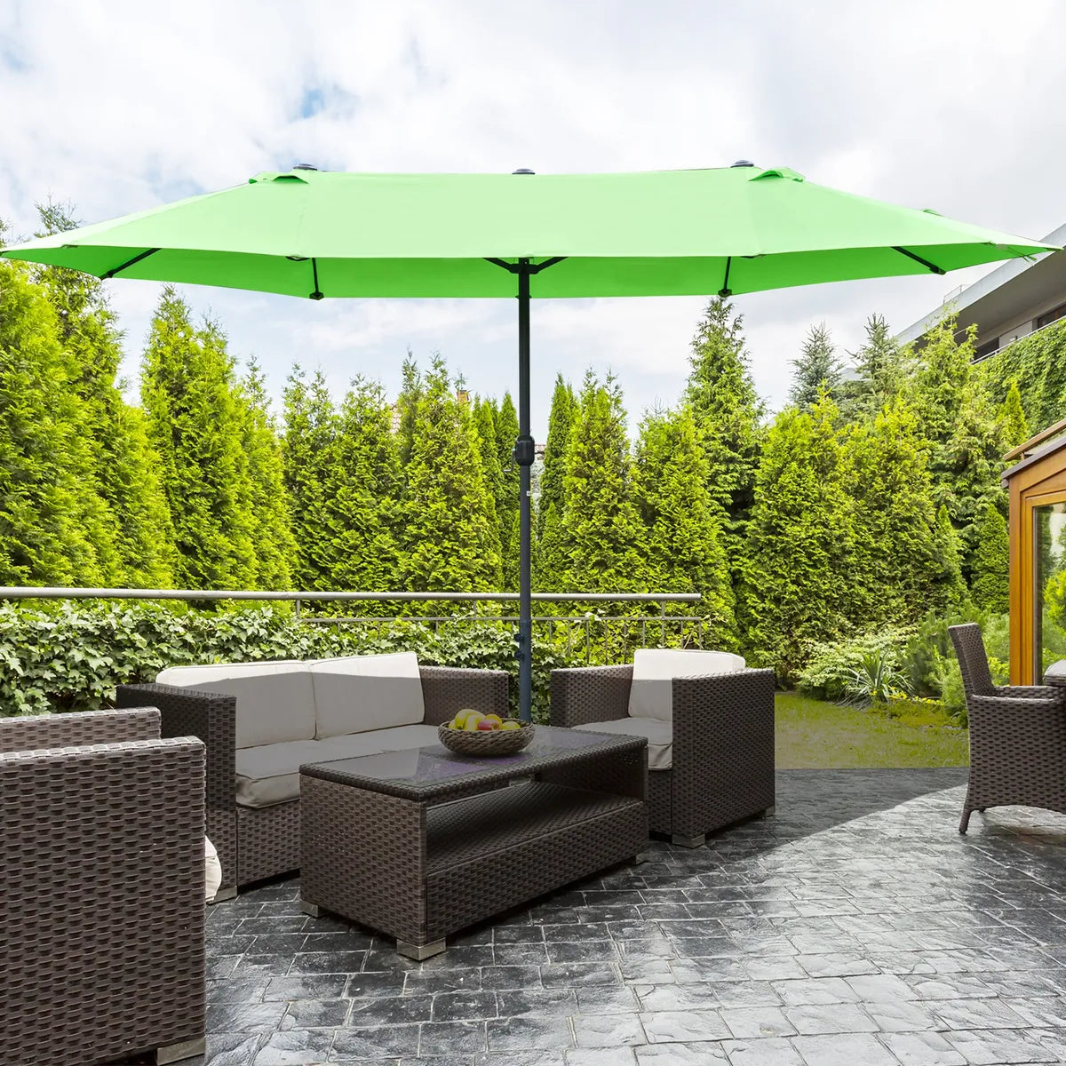 Double-Sided Sun Umbrella Canopy 4.6m Crank Shade with Cross Base, Green